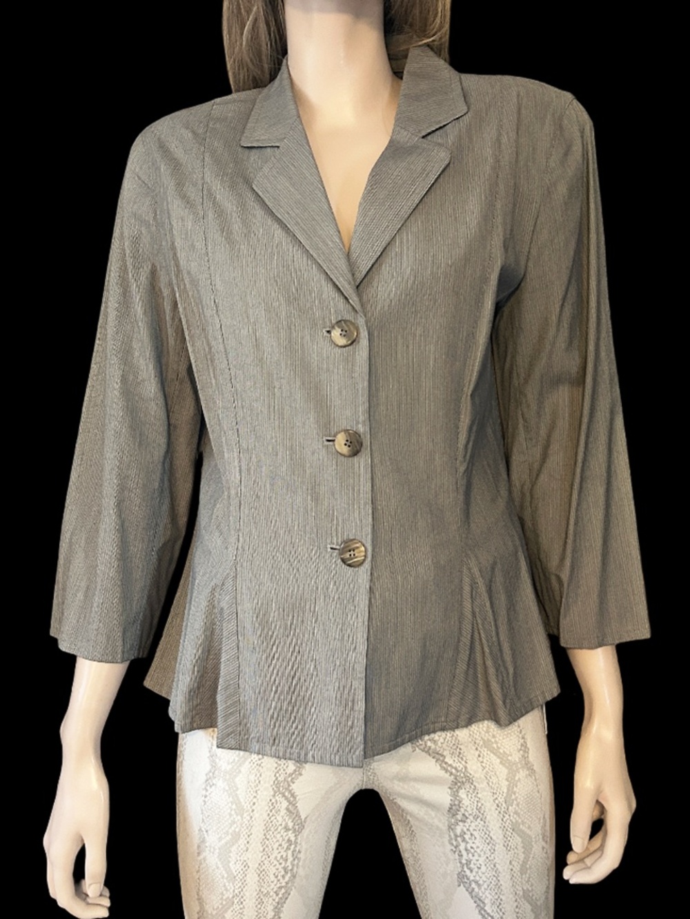 Jones New York Peplum Blazer Jacket Rayon Blend Micro Stripe ¾ Sleeve Y2K